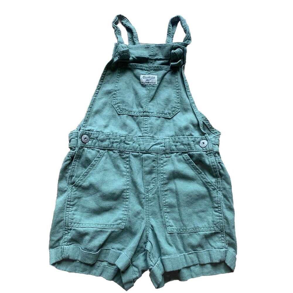OshKoshB'gosh Sz 7 Bib Pocket Overall Shorts Linen Viscose Olive Army Green